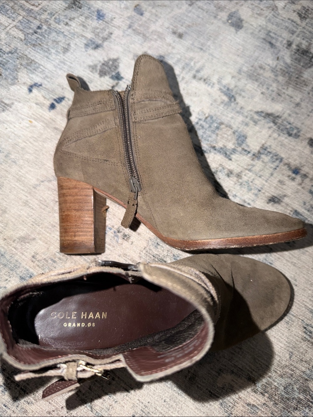 Cole Haan Olive Suede Ankle Booties with Stacked Heel